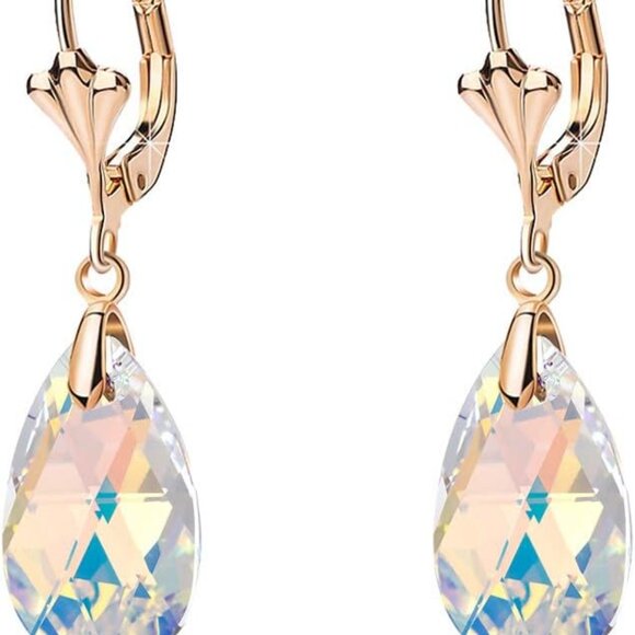 Jewelry - Austrian Crystal Teardrop Leverback Dangle Earrings for Women Fashion 14K Gold P